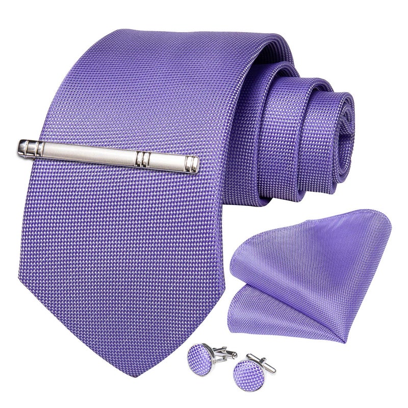 DiBanGu Mens Silk Necktie Solid Color Tie and Pocket Square Cufflink Tie Clip Set Woven Plain Ties for Men Wedding Party, Lavender Purple - Image 3